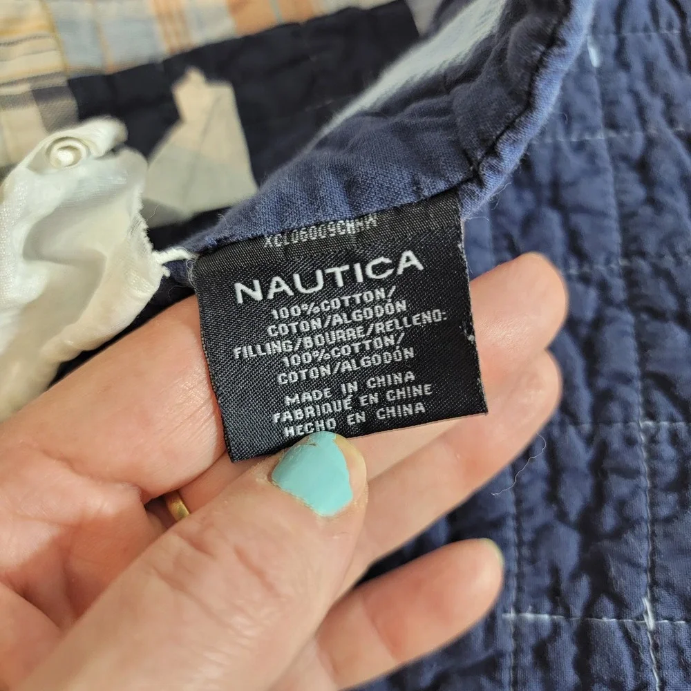 Nautica Twin Patchwork Quilt Navy Blue Orange 100% Cotton Bedcover Quilted Plaid